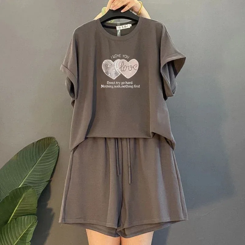 Plus Size Women Rhinestone Heart Print Short Sleeve Top Drawstring Shorts Two Piece Set Loose Casual Summer Outfit L To 4XL