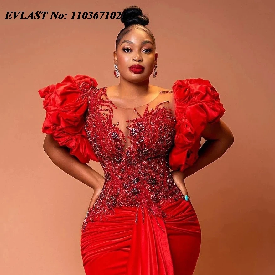 EVLAST Customized African Prom Party Dress Red Velvet Ruffled Puffy Sleeve Beaded Mermaid Aso Ebi Wedding Reception Dress P127