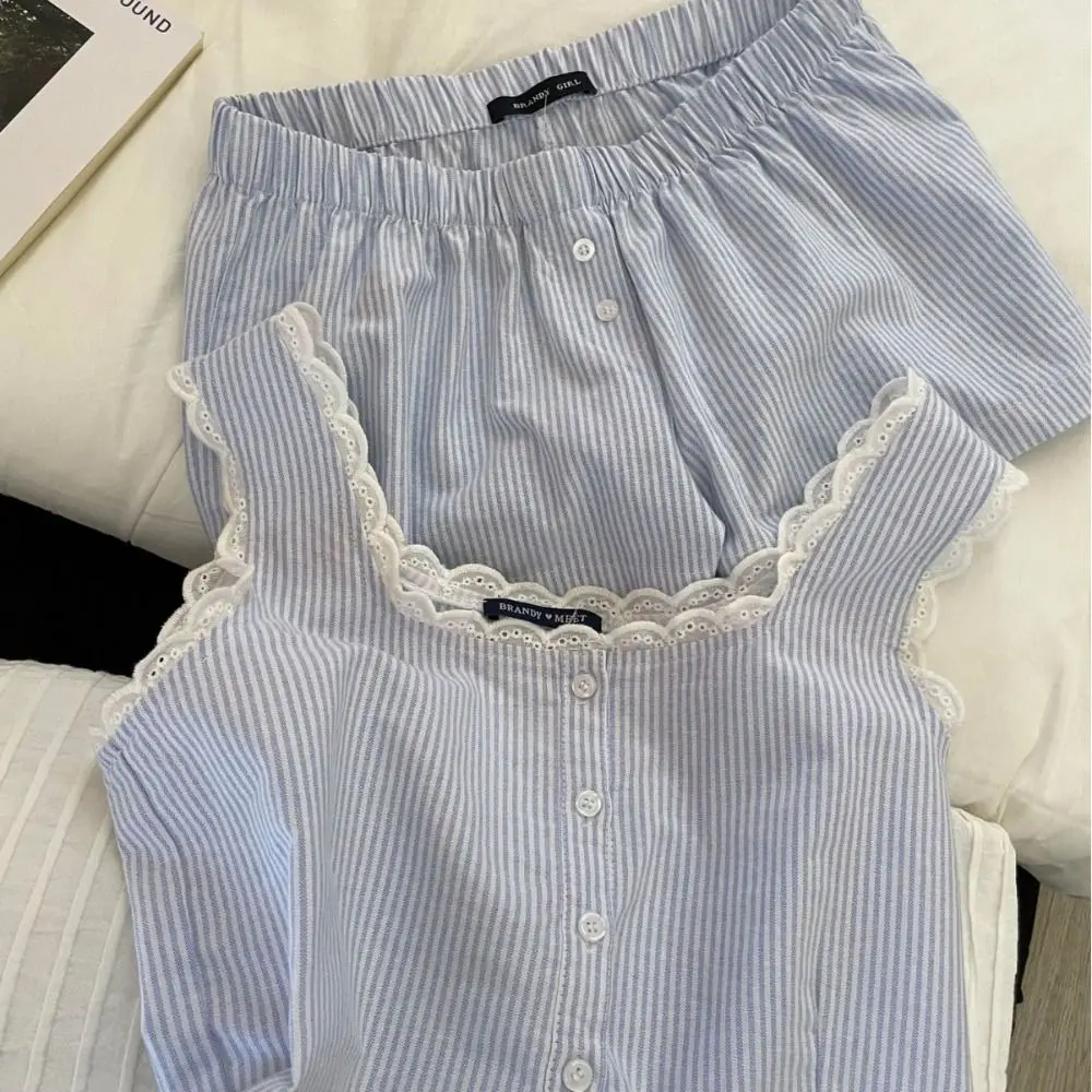 Moda rendas listrado pijamas terno único breasted verão pijamas azul sem mangas pijamas meninas