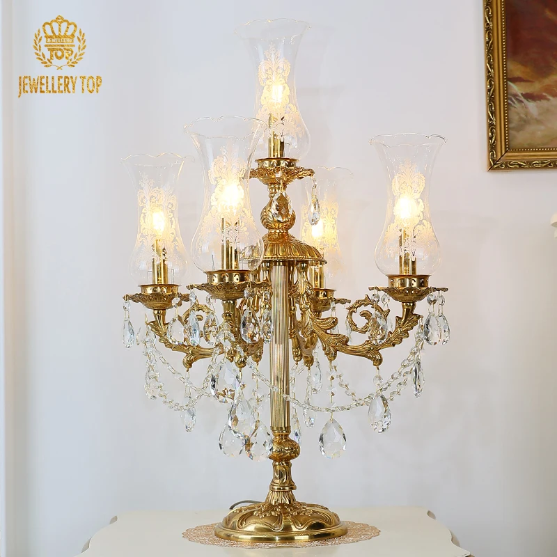 Jewellerytop French Antique Brass Luxury Decorative Desk Lamp Dining Table Lamp Crystal Lampshade Bronze Table Light