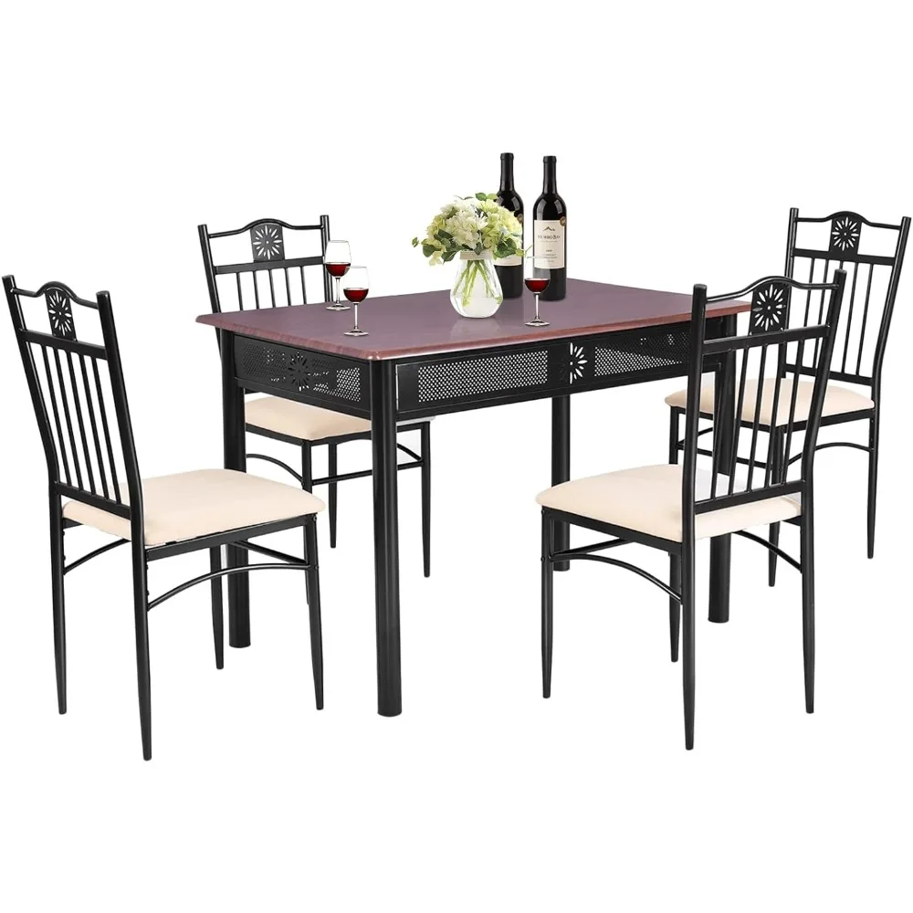 5 Pieces Dining Table Set, Modern Kitchen Table Set for 4 Person, 42” Rectangular Table w/ 4 Upholstered Chairs