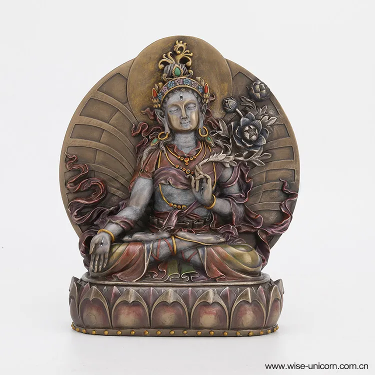Green Tara Resin Statue Tibetan Buddhism Figurine Lotus Seat Religious Sculpture With Halo Home Altar Desktop Spiritual Decor