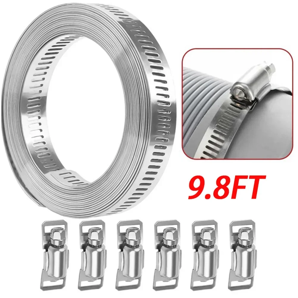 

304 Stainless Steel 3.5M Hose Clamp Assortment Kit DIY Metal Strap+8 Stronger Fasteners Large Adjustable Worm Gear Band Hose