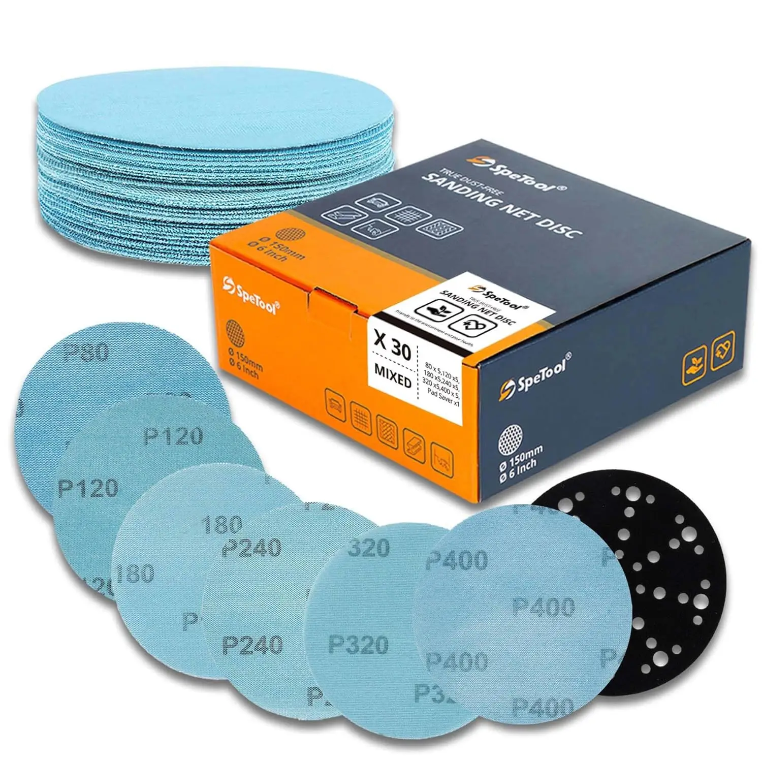 SpeTool Net Sanding Disc, Anti-Blocking 6 Inch Sanding Discs with Sander Pad Saver, 30 Pieces Sandpaper Discs Design for Wood