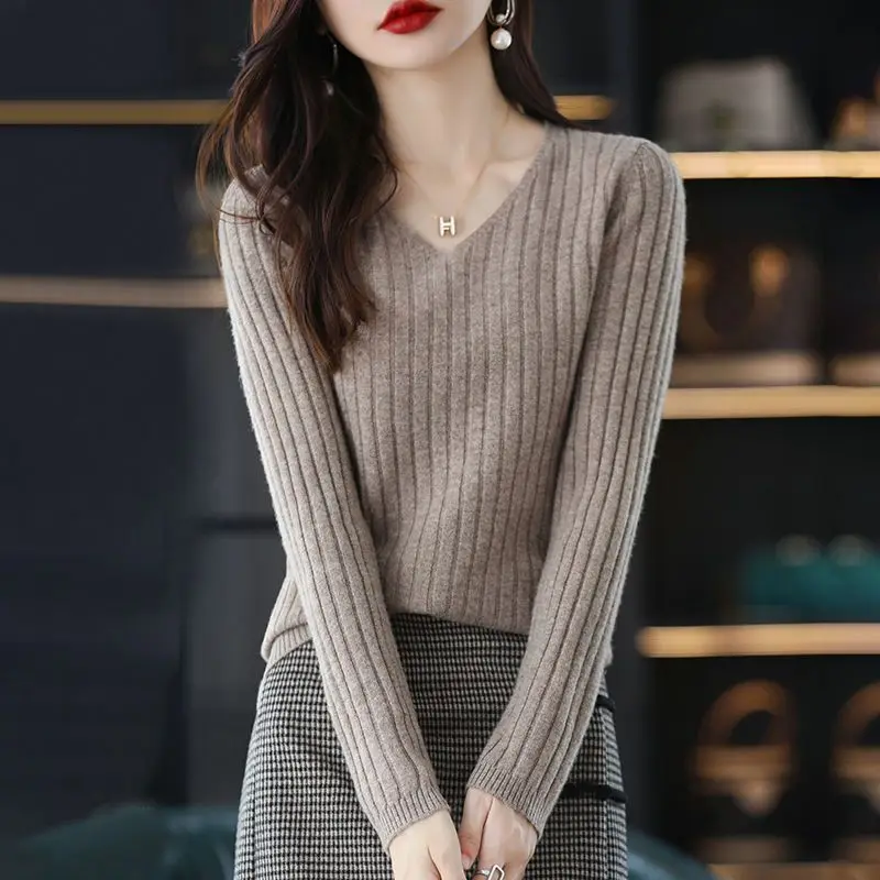 Autumn Winter Simple Casual V-neck Solid Slim Basic Rib Knitted Sweater Women Long Sleeve Pullovers Top Female Clothing Jumpers