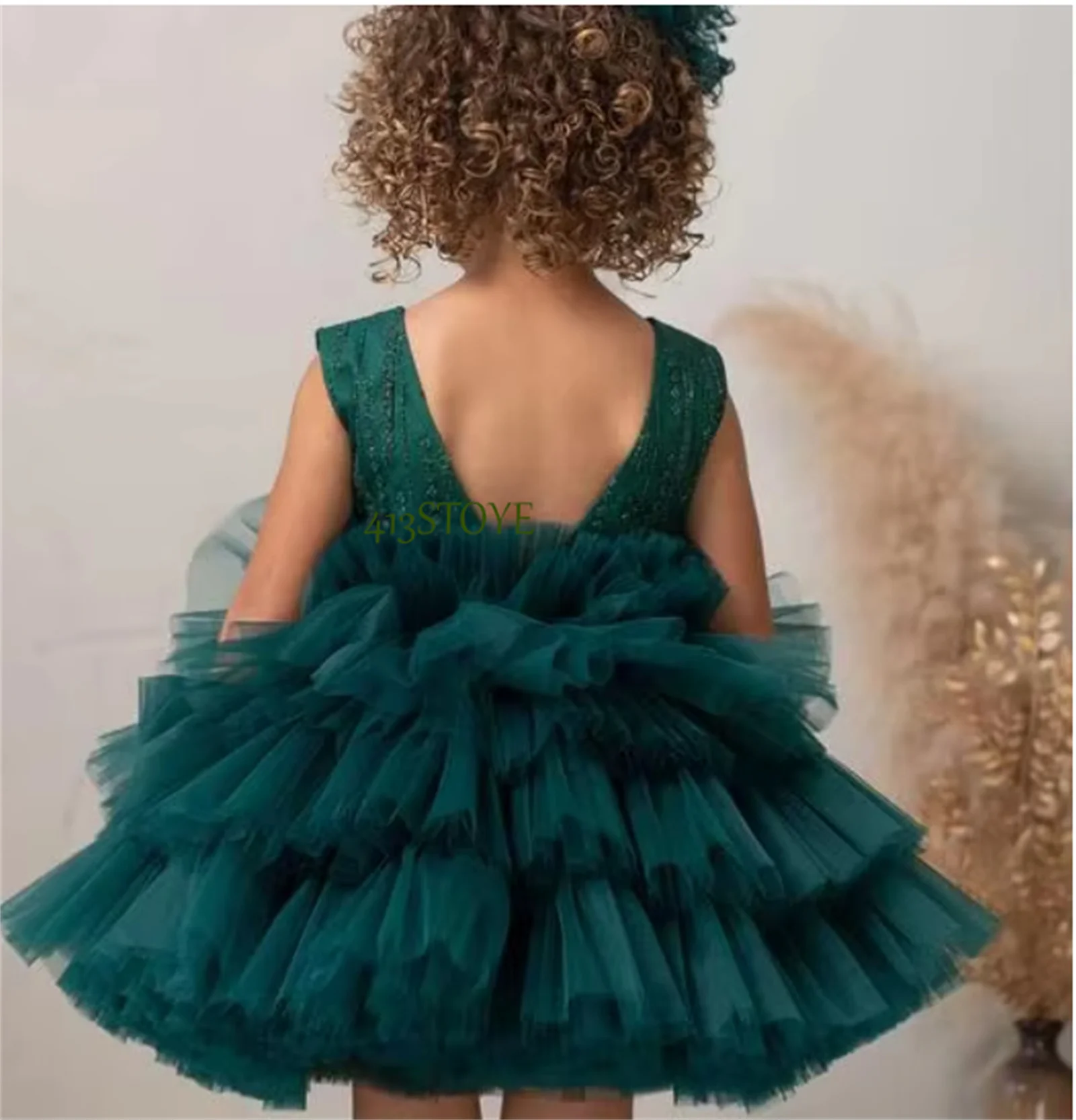 Abito da ragazza di fiore verde smeraldo soffice personalizzato per abito da festa di nozze Abiti da compleanno per bambini in tulle a strati Prima comunione P