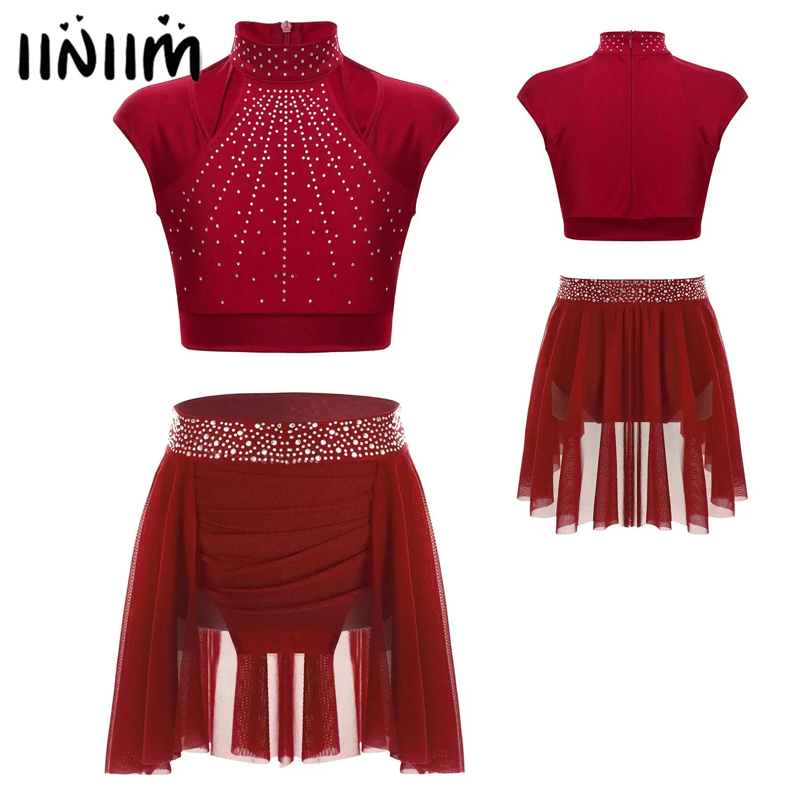 

Girls Figure Skating Modern Lyrical Dancewear Ballet Latin Jazz Gymnastics Outfits Competition Performance Costume 2Pcs/Set