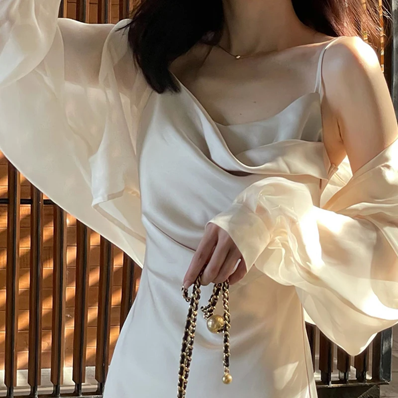 Women's Summer Lightweight Sun Protection Shawl V-Neck Long Sleeve Short Coat Transparent And Breathable Fashionable Midi Dress