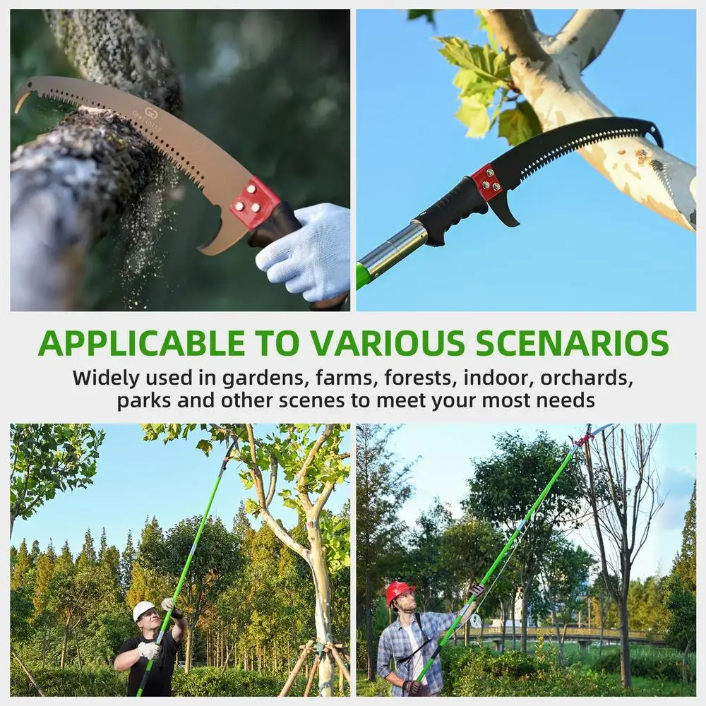 27FT Manual Pole Saw Tree Branch Trimmer with 8-Section Fiberglass Handle Sharp Steel Blade and Scissors Lightweight Extendable