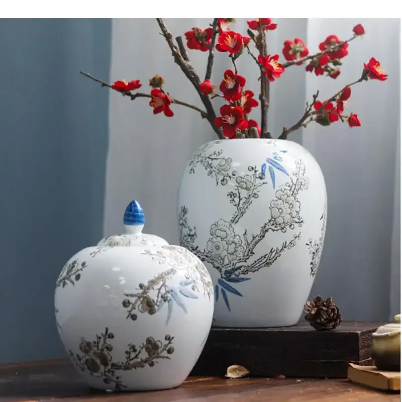 Gold Plated Plum General Jar with Lids Blue Crafts Porcelain Storage Jars Cosmetic Containers Artificial Flower Decorative Vase