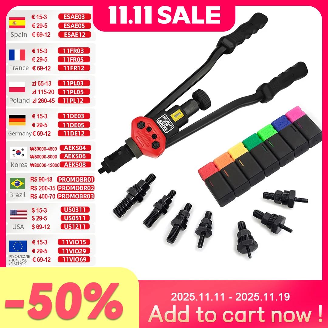 ALLSOME BT-607 16" Manual Riveter Gun Hand Rivet Tool Kit Rivet Nut Setting Tool Nut Setter M3/M4/M5/M6/M8/M10/M12