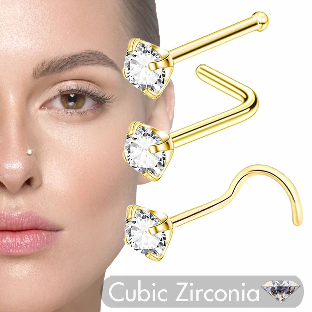 5 piezas de acero inoxidable Anillos de nariz Stud Anillo de perforación de fosas nasales Gema de cristal para mujeres Pierings de niña Joyería Hueso S Forma L 20g / 0.8mm