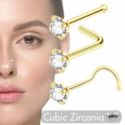 5Pcs Stainless Steel Nose Rings Stud Nostril Piercing Ring Crystal Gem for Women Girl Pierings Jewelry Bone S L shape 20g/0.8mm