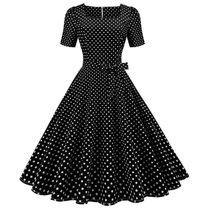 Vestido Retro Sexy Negro con Puntos, Estilo Vintage, Corte Ajustado, Mangas Cortas, Vestido de Fiesta, Estilo Pin Up Rockabilly de los Años 50 y 60, Vestido de Verano para Fiesta