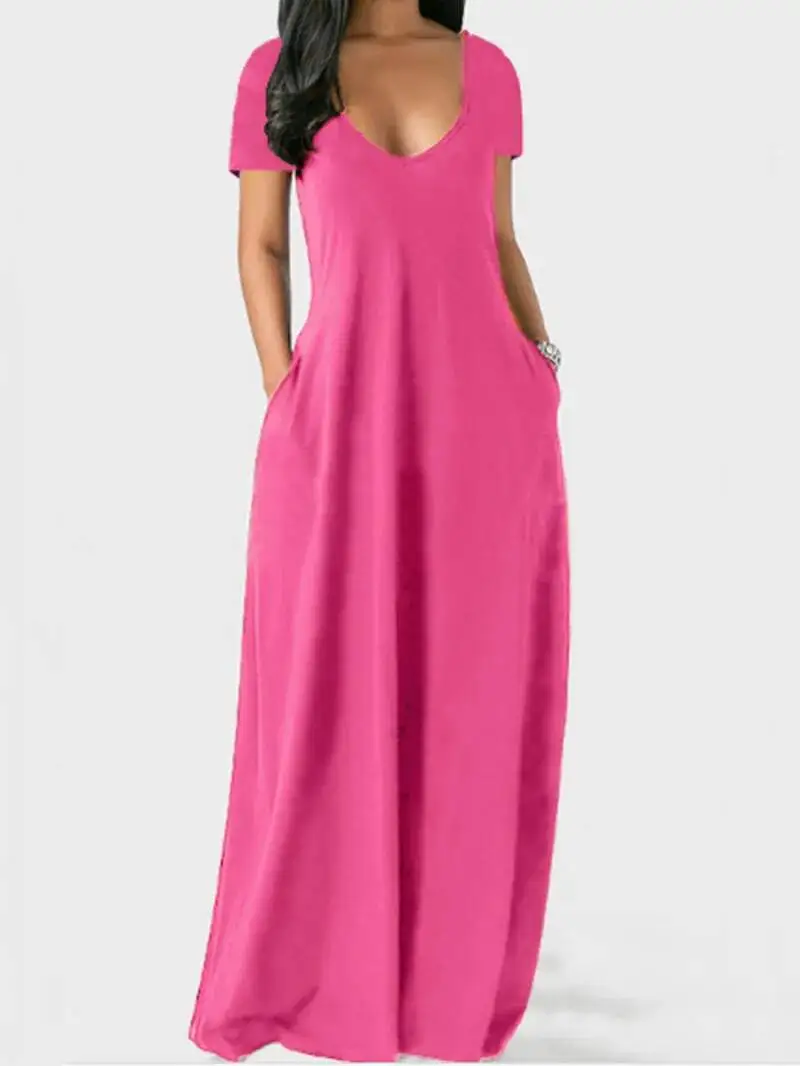 เดรสยาวสีพื้นสไตล์ยุโรปอเมริกันสำหรับฤดูร้อน ไซส์พลัส ผู้หญิง แขนสั้น คอวีลึก เซ็กซี่ หวาน