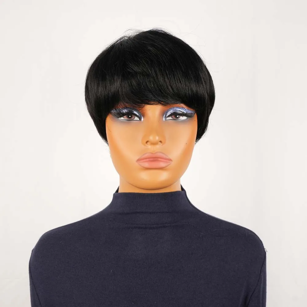 픽시컷 가발 인모 숏 스트레이트 픽시 가발 흑인 여성용 레이어드 레미 인모 기계 제작 가발 일상용