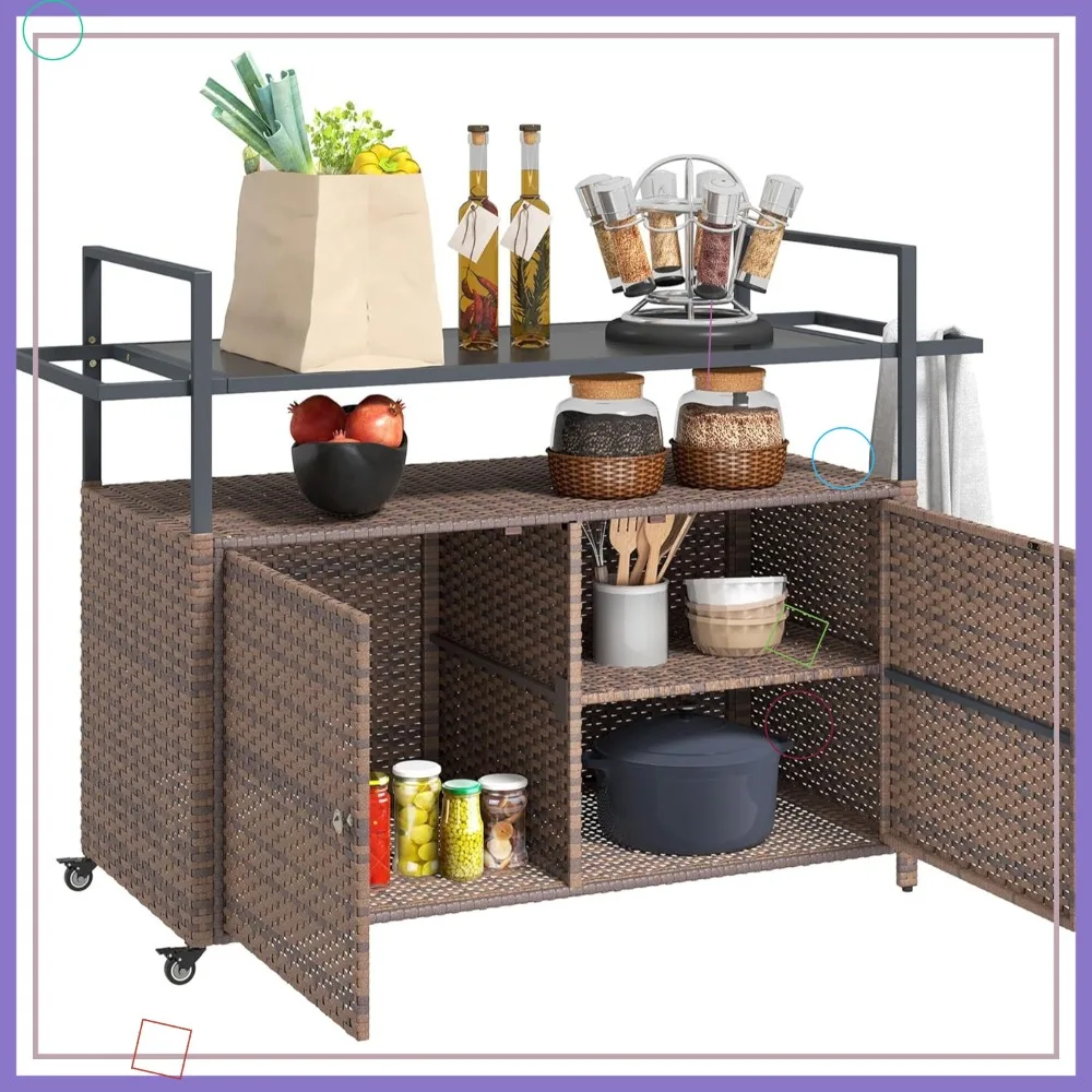 

Уличный шкаф для хранения на колесиках с 2-уровневой полкой и стеклянной столешницей - тележка-бар для патио у бассейна