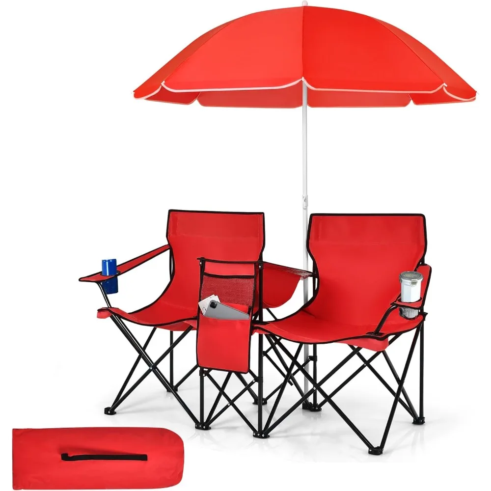 Double Camping Chairs with Umbrella, Portable 2 Seat Folding Camp Chair with Cooler Bag, Beverage Holder