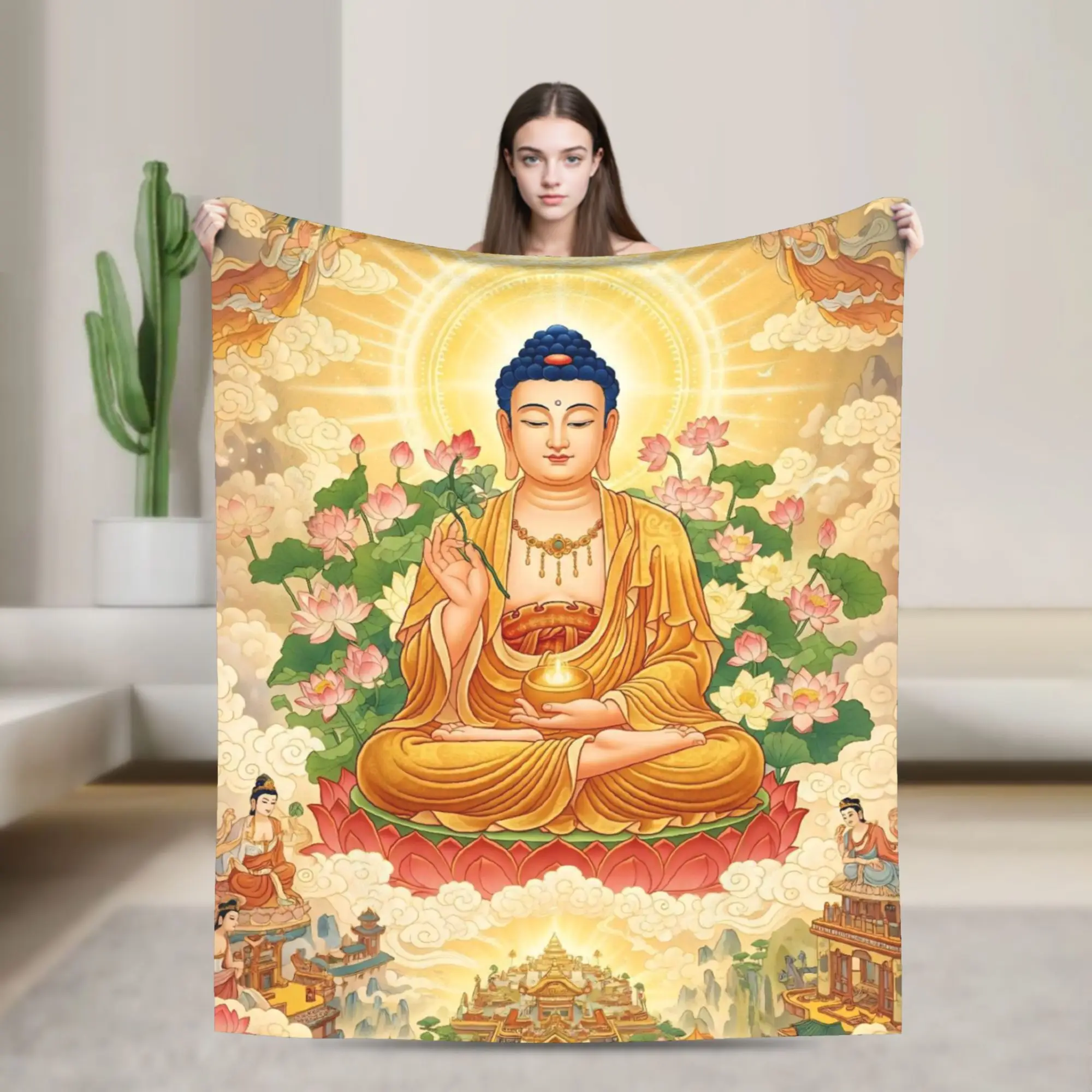 Buddha Tibetans Thangka Peaceful Blanket Cover Flannel Buddhism Lightweight Throw Blankets for Outdoor Travel Bedroom Quilt
