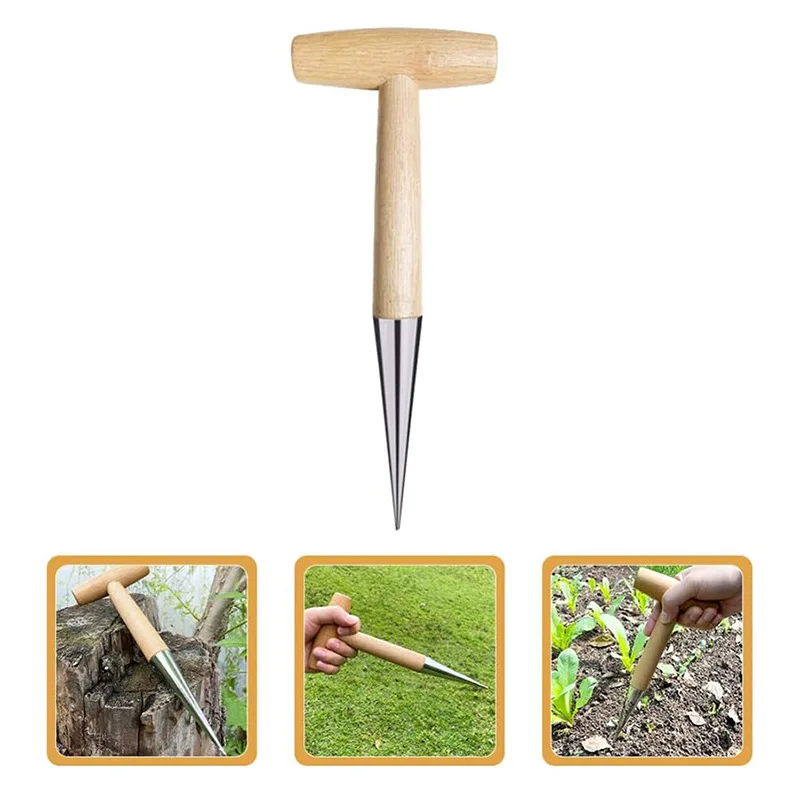 Hand Sow Dibbler With Wood Handle For Sowing Seeds Transplanting Plants Planting Bulbs Digging Gardening Garden Hole Punch Tool