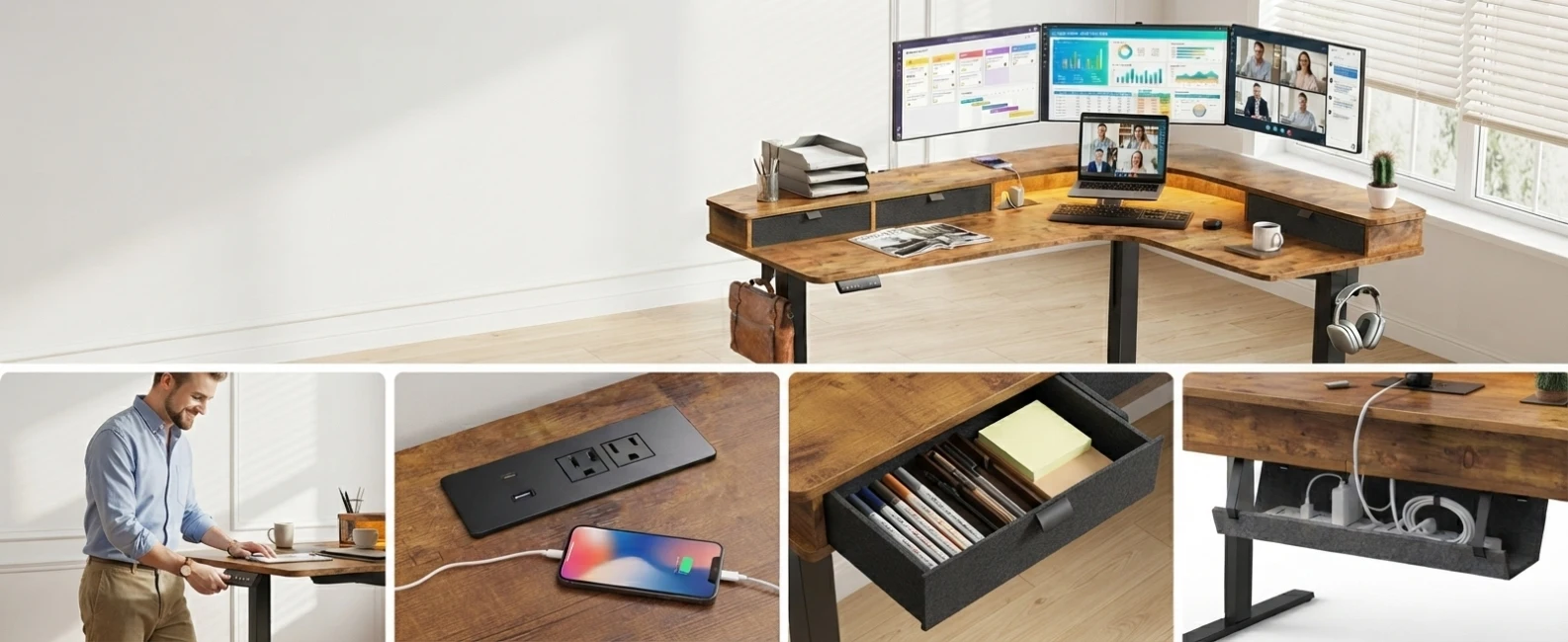 65" L‑Shaped Electric Standing Desk with 3 Drawers, Sit‑to‑Stand Height Adjustable Workstation 4 Memory Presets, Built‑in Power Strip USB‑A&Type‑C, Monitor Riser with LED Light, Cable Management Tray, Dual Motor 220 lbs Corner Desk