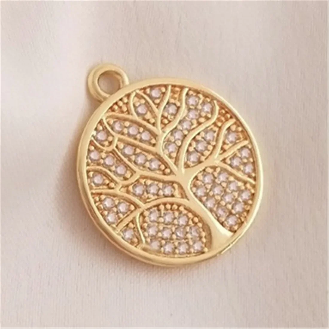 

Micro Inlaid Zircon Lucky Tree Round Tag Pendant 14K Gold Wrapped Tree of Life Necklace Jewelry Handmade DIY Pendant D045