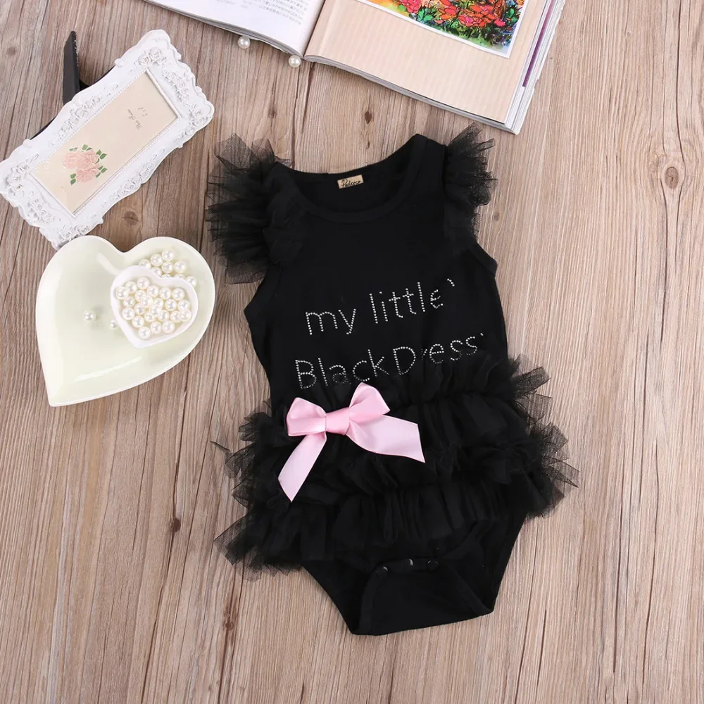 Kids Newborn Infantil Baby Girls Bow Embroidered Little Black Dress Fashion Letter Romper Jumpsuit Children's Clothing