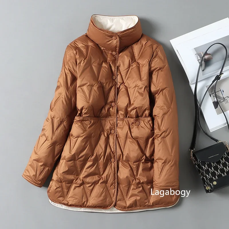 2024 New Autumn Winter Women Ultralight White Duck Down Long Jacket Female Single-Breasted Double Sided Puffer Coat B340