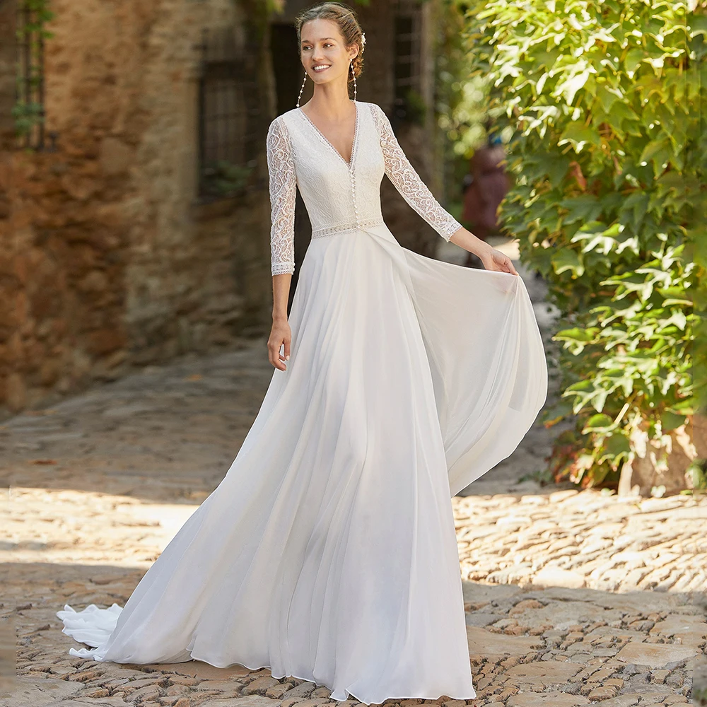 Robe de mariée classique en mousseline de soie, col en v, dentelle, ligne a trois quarts, longueur au sol, avec traîne à balayage, robes de mariage formelles