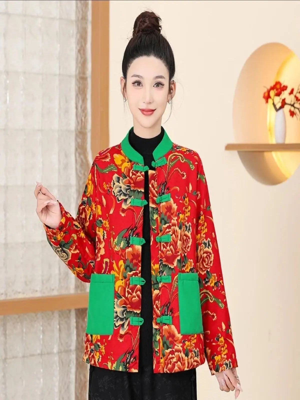 Thiened Fce 裏地付き大花柄コットンジャケット暖色系ブロ冬コートエスニックレトロ中国風女性用アウター