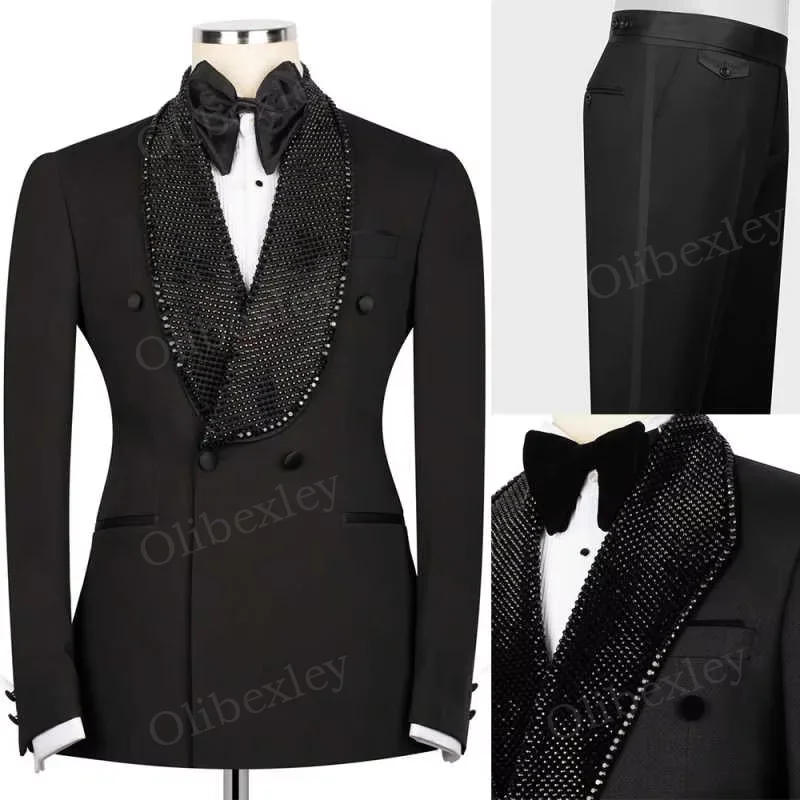 

Luxury Slim Fit Men's Tuxedo 2 Piece Suit High Quality Beaded Crystals One Button Customized Formal Wear For Wedding