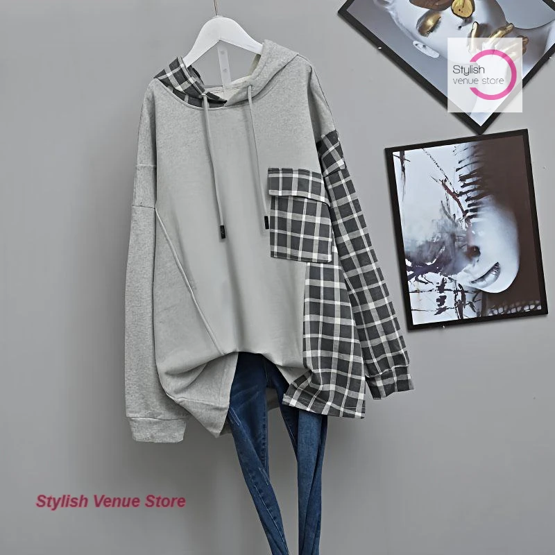 Korean style thin stitching plaid sweater women's spring and autumn new fashion plus size loose stitching plaid hooded top