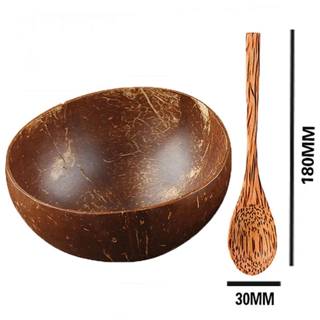 Natural Coconut Bowl Set Decoration Decorative Handmade Coconut Shell Tableware Wood Spoon Dessert Fruit Salad  10cm-12cm