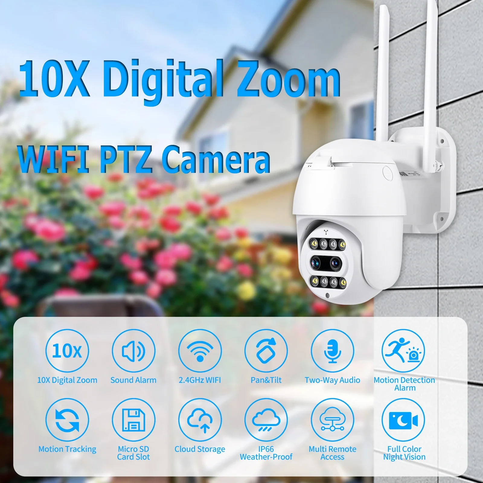 Gadinan Mini WIFI 10x Digital Zoom Security Camera Two-Way Audio Color Night Vision PTZ Camera AI Automatic Tracking Sound light