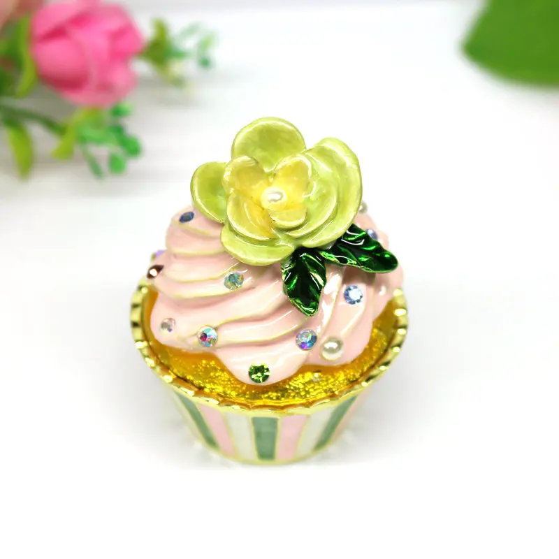 SHINNYGIFTS Cupcake Trinket Box Hand Painted Enamel Collectible Jewelry Organizer for Ring Earrings Metal Figurine Home Decor