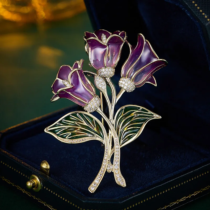 Light Luxury Enamel Copper Inlaid Zircon Flower Sword Lily Brooch Vintage Elegant Pin Chinese Aesthetic Clothing Brooch Accessor