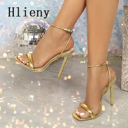 Hlieny Summer Gold Ankle Buckle Strap Sandals Peep Toe Ladies Thin High Heels Sexy Women Party Club Stripper Shoes Size 35-42
