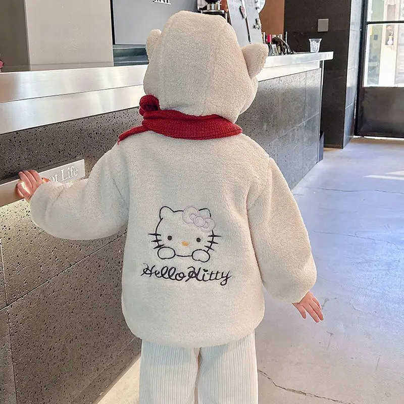 Zimowa nowa aksamitna kurtka Sanrio Hello Kitty Cartoon Child Girl Keep Warm Fleece Sweatshirt Hello Kitty Kuromi Kawaii Fashion