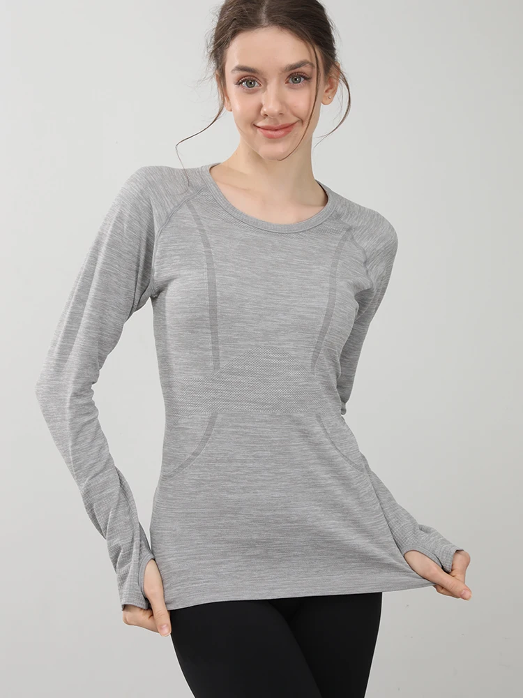 Nahtloses Yoga-T-Shirt für Damen, Sport-Top mit Rundhalsausschnitt, schmal geschnitten, langärmelig, für Laufen, Fitness, Workout, Gym – Detail 4