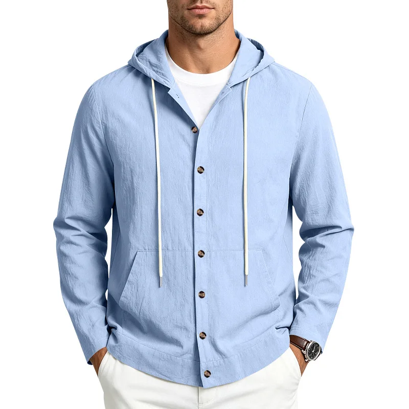 2026 American autumn and winter men's linen hooded long-sleeved shirt, woven solid color drawstring hoodie jacket