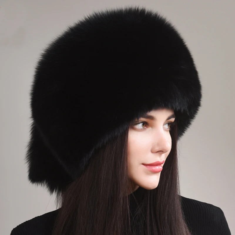 Thickened Snow Outdoor Russian Style Winter Cap For Women Handmade Warm Fluffy Outdoor Female Natural Fox Fur Tail Ushanka Hat