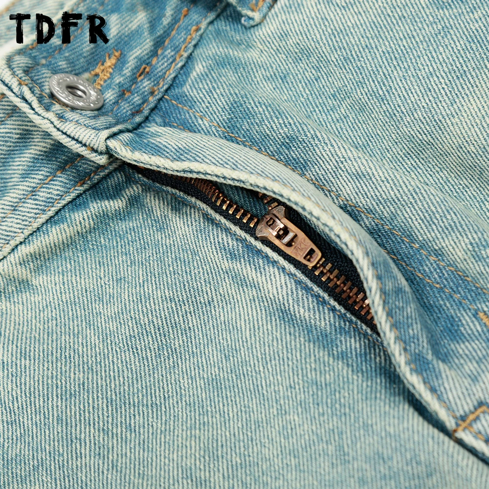 Ripped Denim กางเกง Mens Washed Distressed Spliced Streetwear Retro ตรงหลวมกางเกงยีนส์ขากว้างผู้ชาย