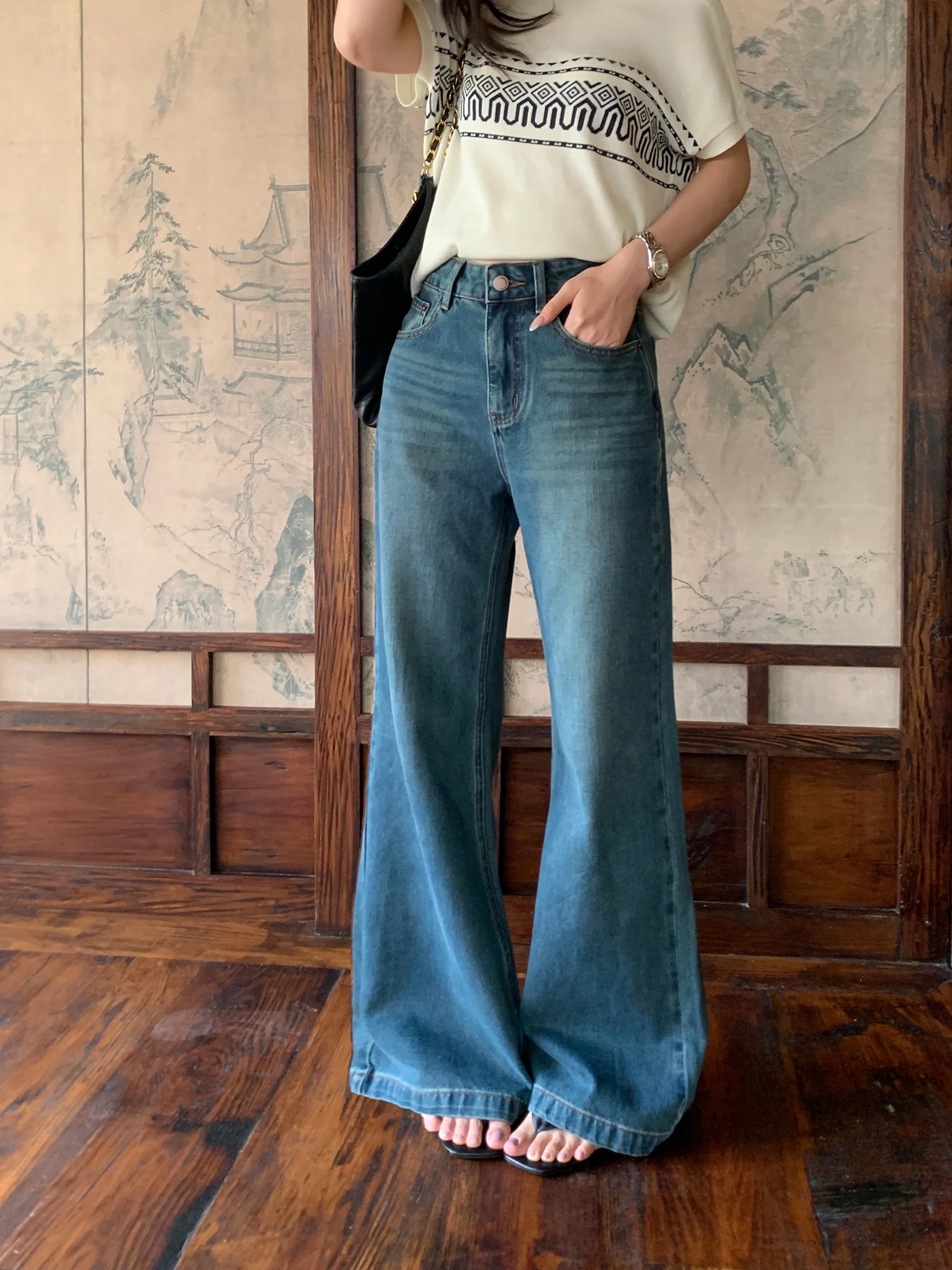 

Pusumede, широкие джинсы с высокой талией, женские свободные расклешенные брюки, повседневные длинные брюки, летние модные джинсы прямого кроя