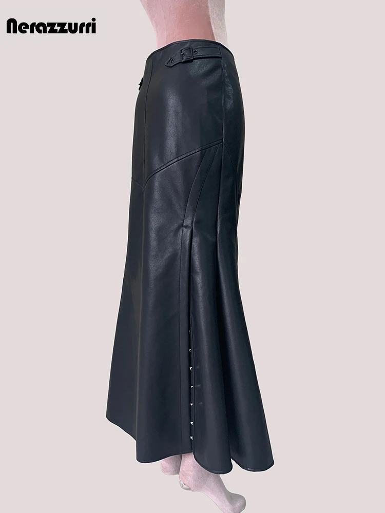 mauroicardi Spring Autumn Black Faux Leather Maxi Mermaid Skirt Women Side Slit Rivet High Waist Chic Elegant Luxury Clothes