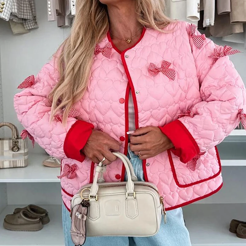 Sweet Heart-Shaped Checkered Outwear Casual Color Blocked Bow Decoration Jacket Fashion O-Neck Snap On Long Sleeved Office Coat
