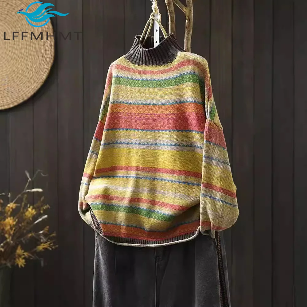 Classical Colorful Striped Turtle Neck Sweater For Women Korean Style Long Sleeve Loose Casual Knitwear Female Soft Cozy Tops