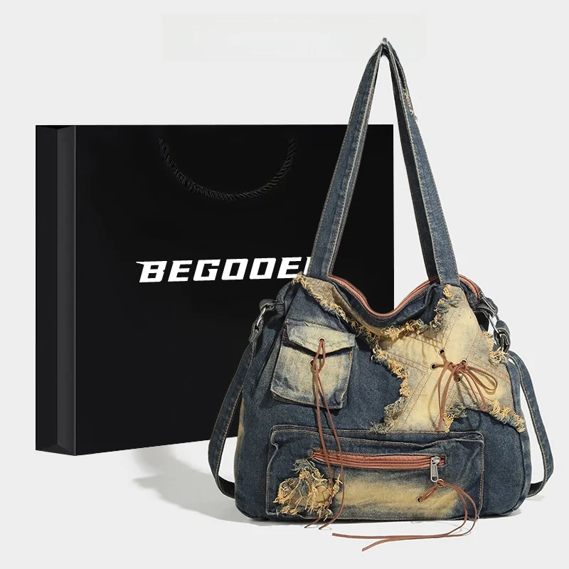 

BEGOOER American Retro Waed Denim Tote Bag Women Large Capaci Casual Commuting Single oulder Slant Cross Bag