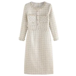 Ladies Spring/Autumn Tweed Long sleeved Dress 2024 Small Fragrant Wind Woolen Dress