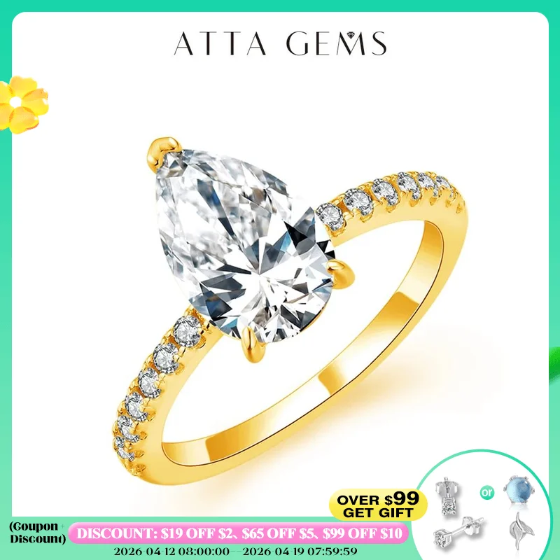

ATTAGEMS New D Color Moissanite Rings Pear Cut 3.0ct S925 Sterling Silver Classic Wedding Engagement Ring for Women Fine Jewelry