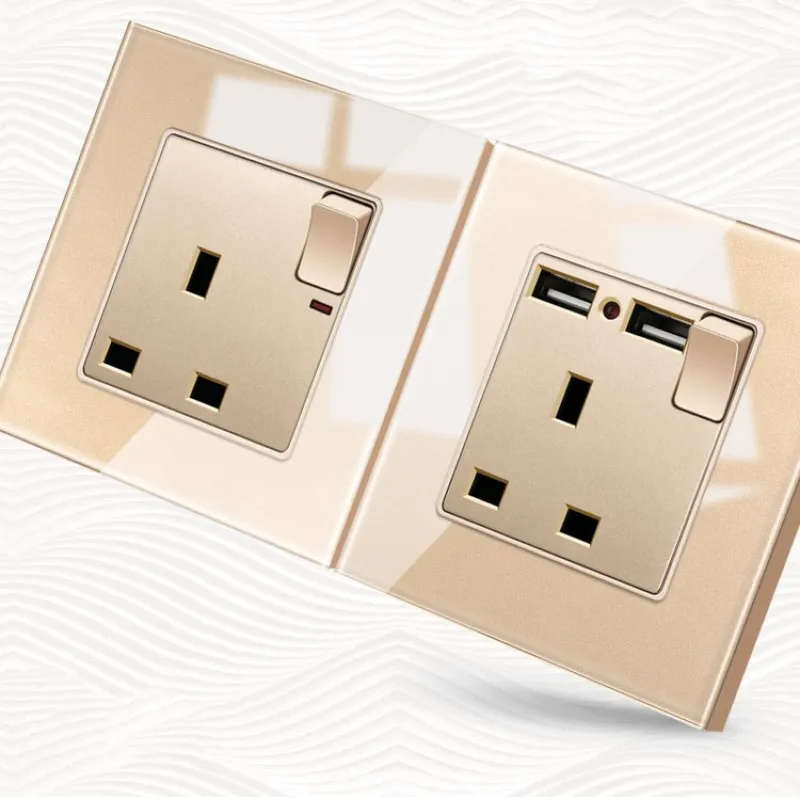 

UK Hongkong African Standard 13A Crystal Tempered Glass Sockets 2USB Fast Charge Type C USB Outlets Luxury Gold